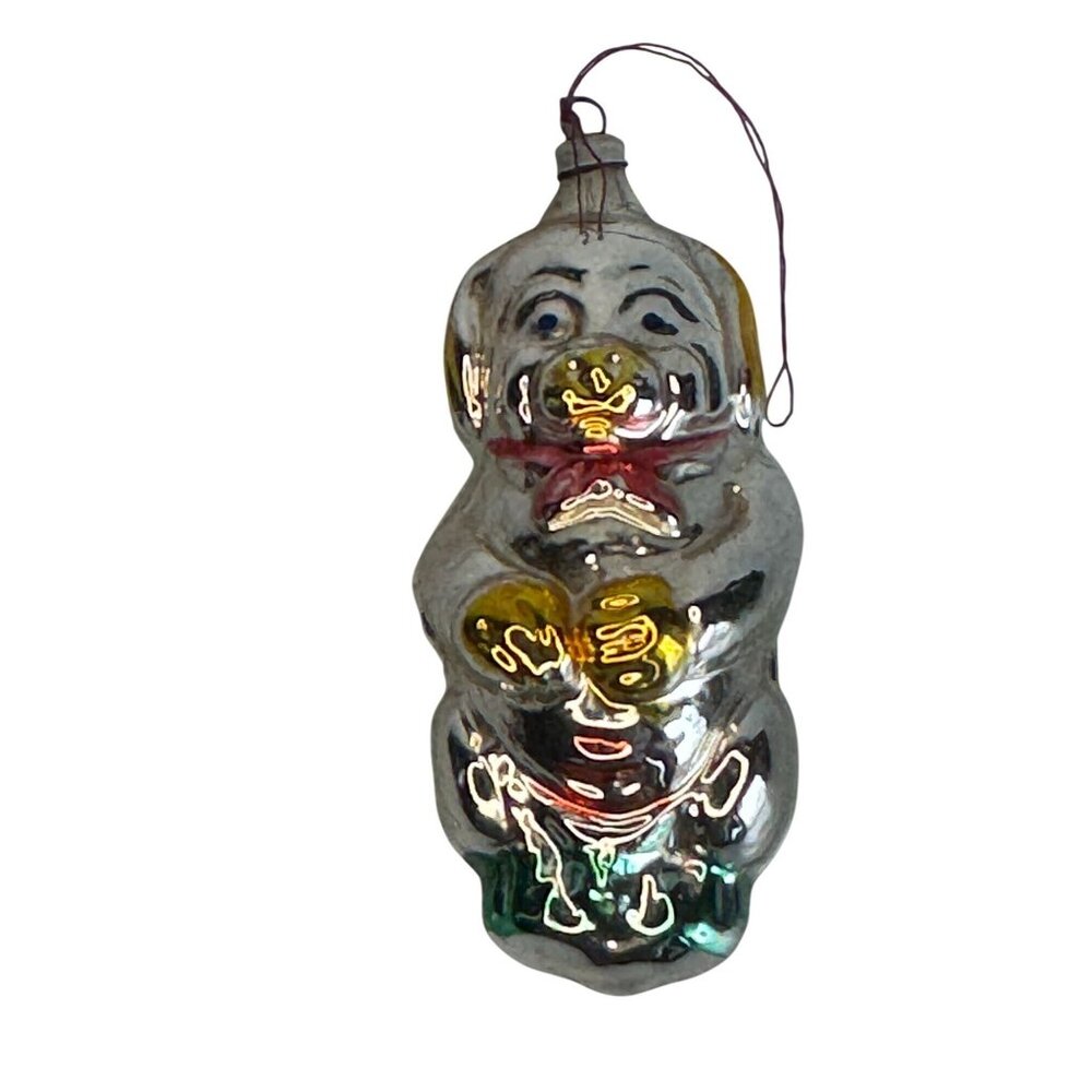 1950s West Germany Begging Dog Mercury Glass Ornament Yellow Ears Red Bow 4"
